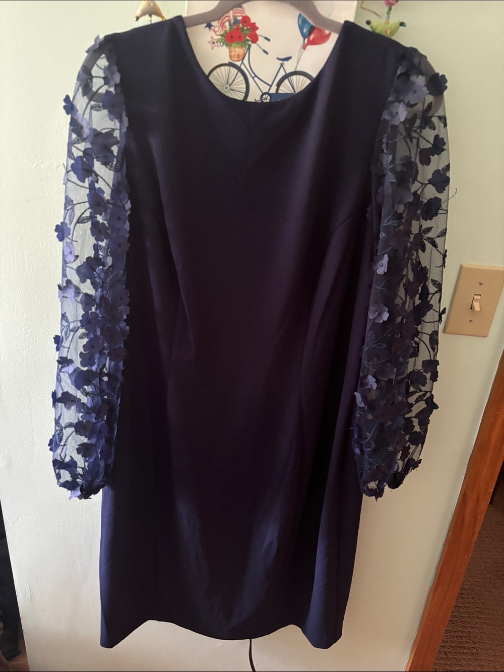 Size 14W connected apparel Navy Dress with 3D Floral Sheer Sleeves